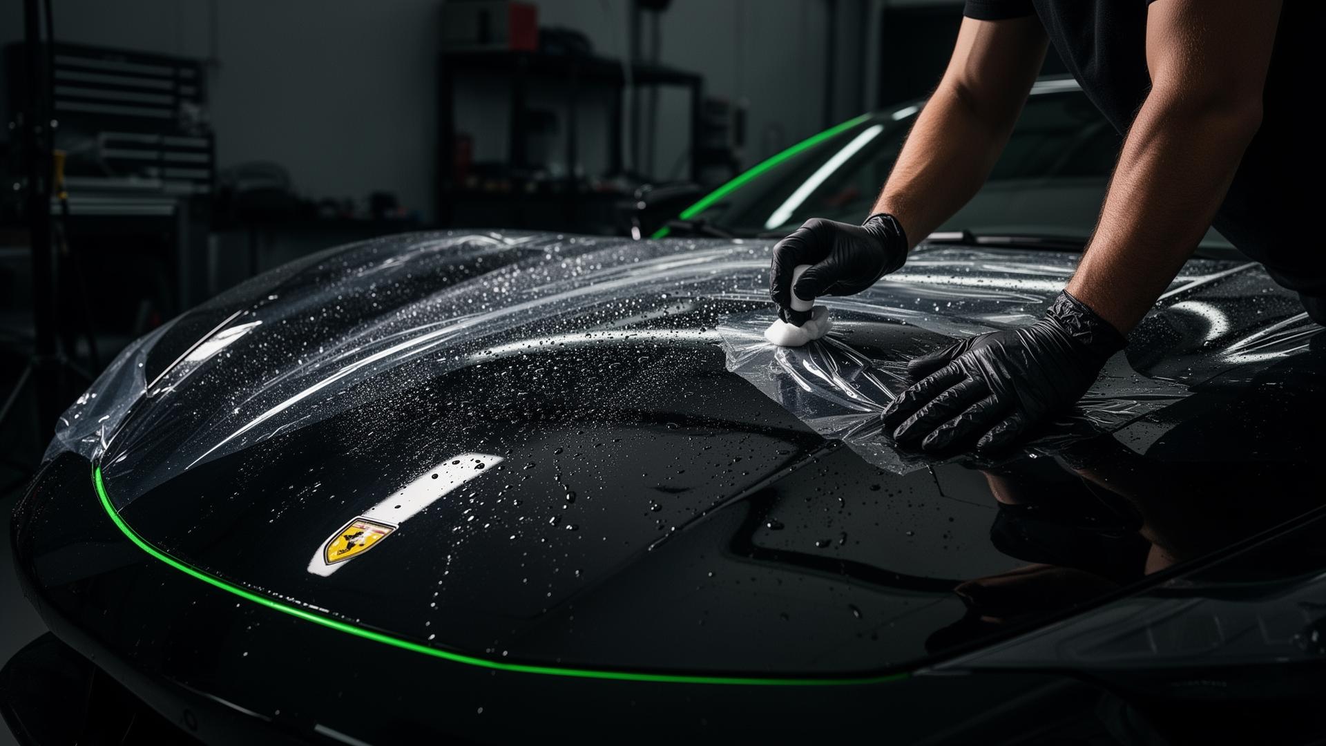 Paint protection film being applied to luxury car